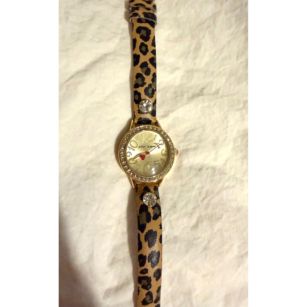 Betsey Johnson Watch Leopard Print Leather Band Crystal Accents - Picture 3 of 6